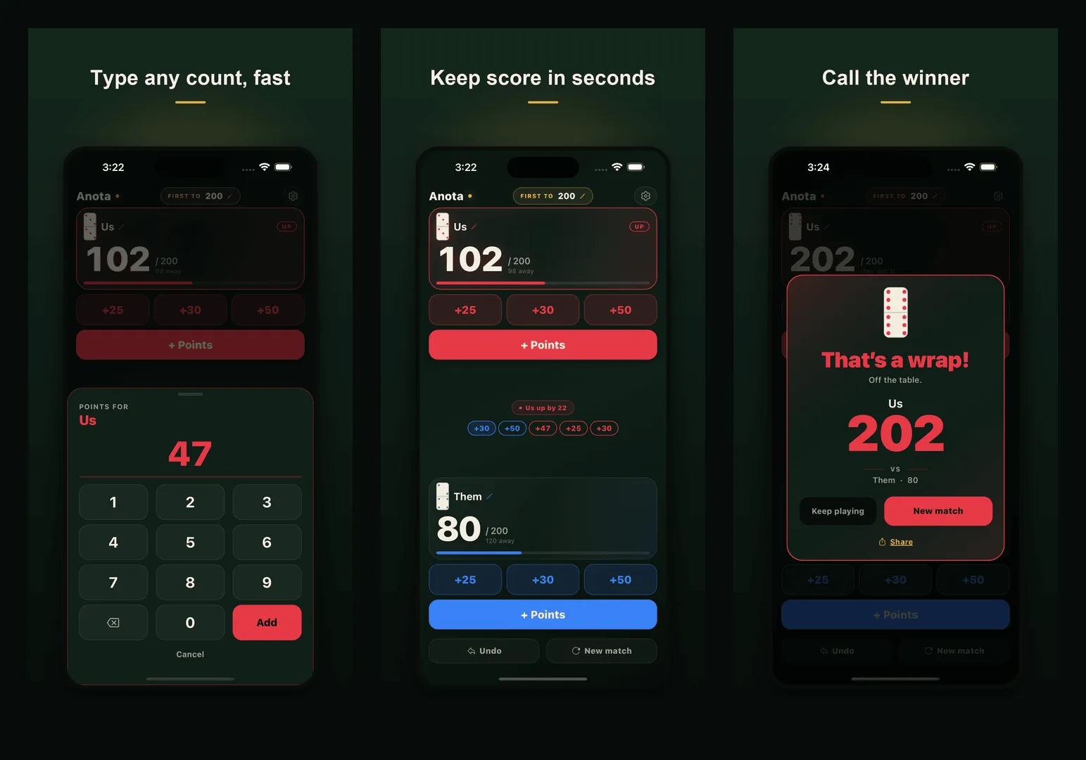 Anota: A Dominican dominoes scorekeeper for iPhone: both teams on one screen, capicúa and all.