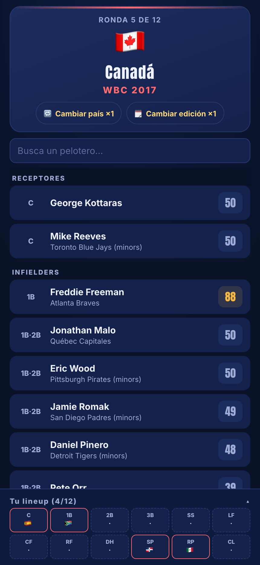 Draft de Invicto, ronda 5 de 12: la tirada (Canadá, WBC 2017) encima de la lista de peloteros, con el lineup de 12 puestos abajo.