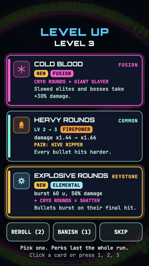 The SWARMGEDDON level-up draft: three perk cards to choose from, with reroll, banish and skip below.