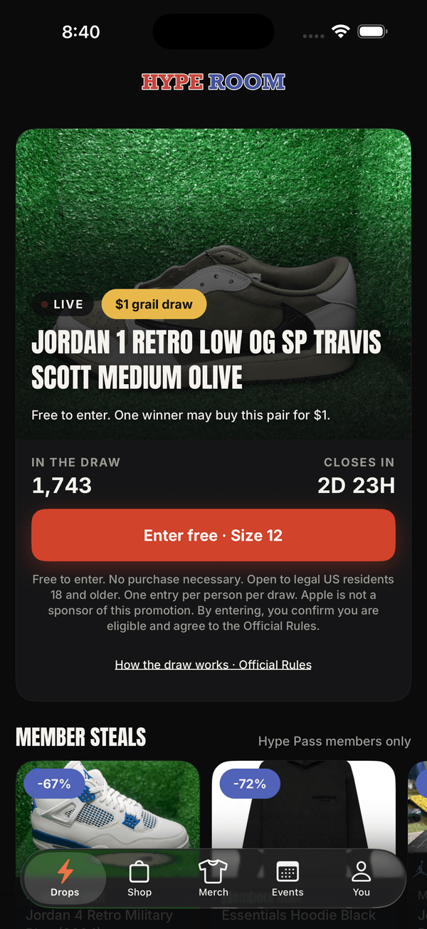 Hype Room app, Drops tab: a $1 draw for a pair of Jordan 1s. Entry is free, and one winner may buy the pair for $1. Below are the number of entries and the time left.