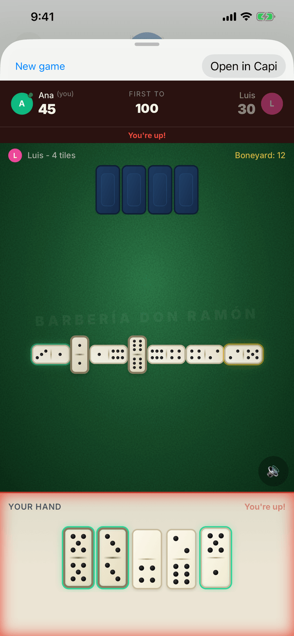 A 1v1 Capi game inside the Messages app on iPhone, with the New game and Open in Capi buttons above the table.
