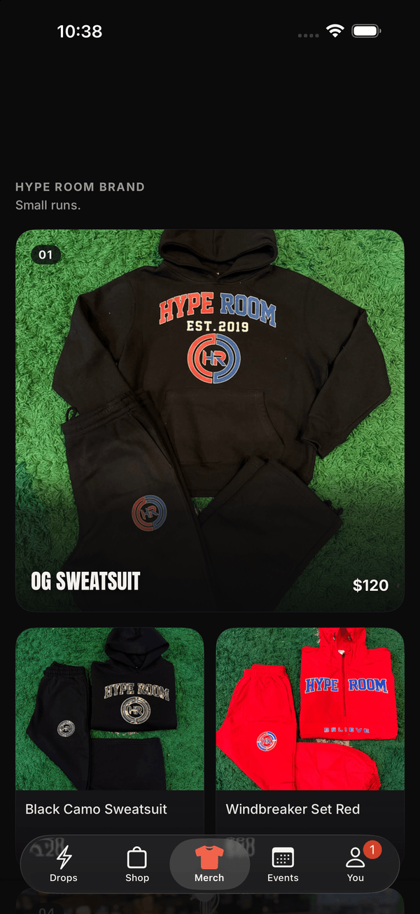 Hype Room app, Merch tab: the store’s own sweatsuits and sets.