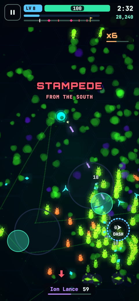 SWARMGEDDON on a phone: a STAMPEDE alert, then a stream of alien insects pours in while the pilot fires.