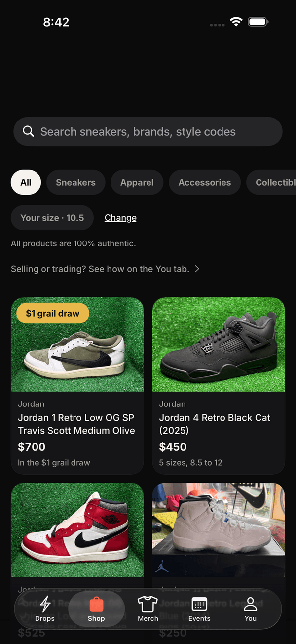 Hype Room app, Shop tab: the product grid with a size filter.