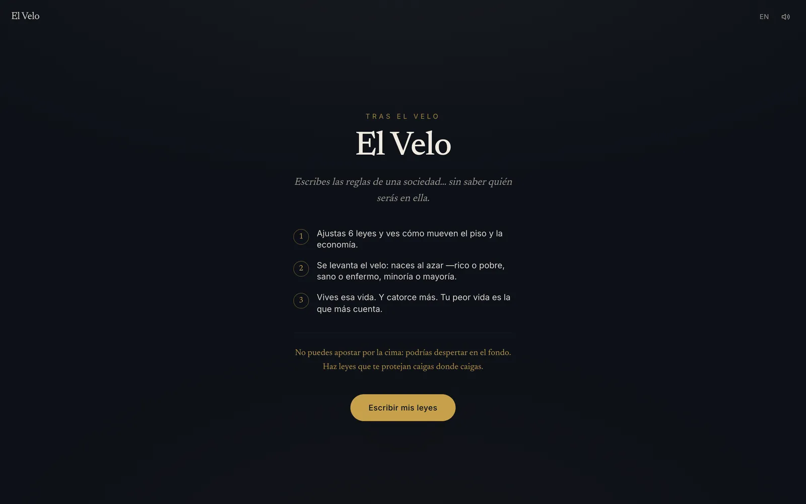 The Veil · El Velo: A playable Rawls experiment: legislate from behind the veil, then be born into your own society.