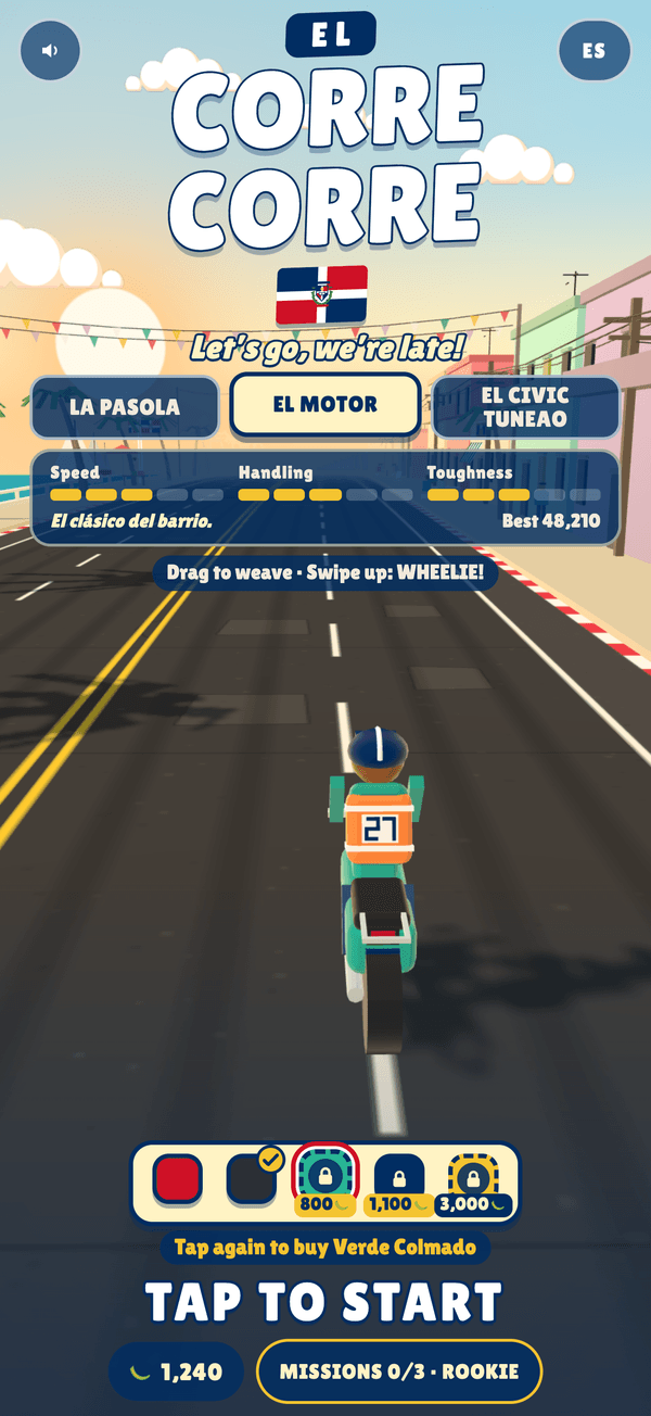 El Corre Corre title screen: three rides to choose from and the prompt to tap to start.