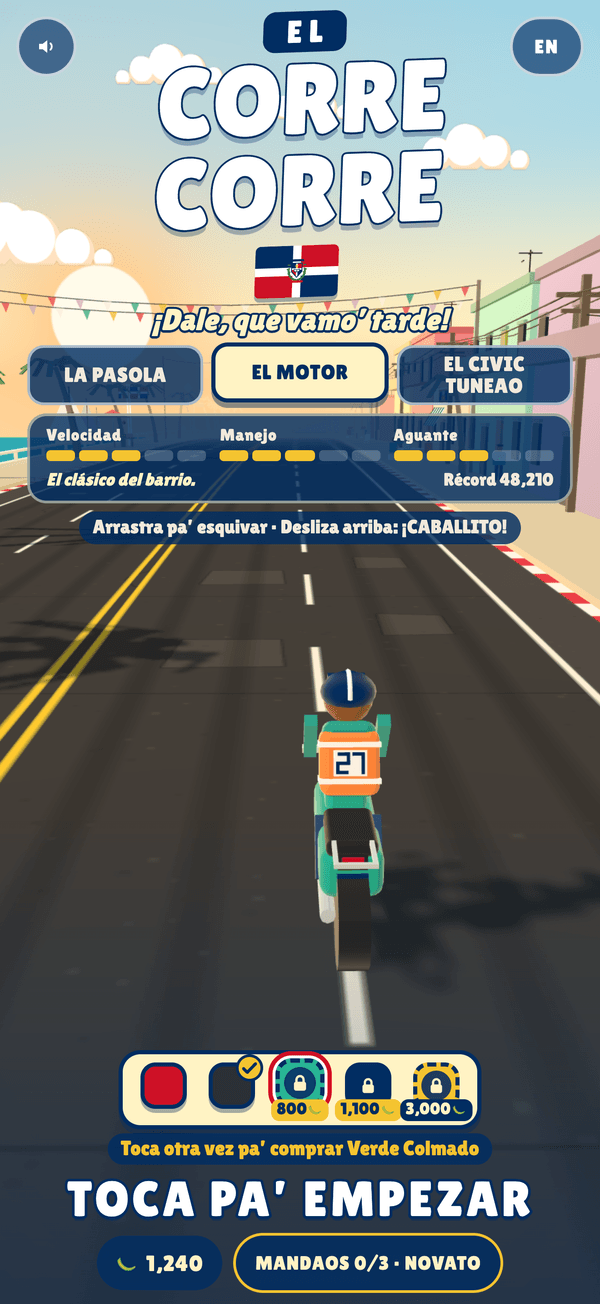 Pantalla de inicio de El Corre Corre: tres vehículos para escoger y el aviso de tocar para empezar.