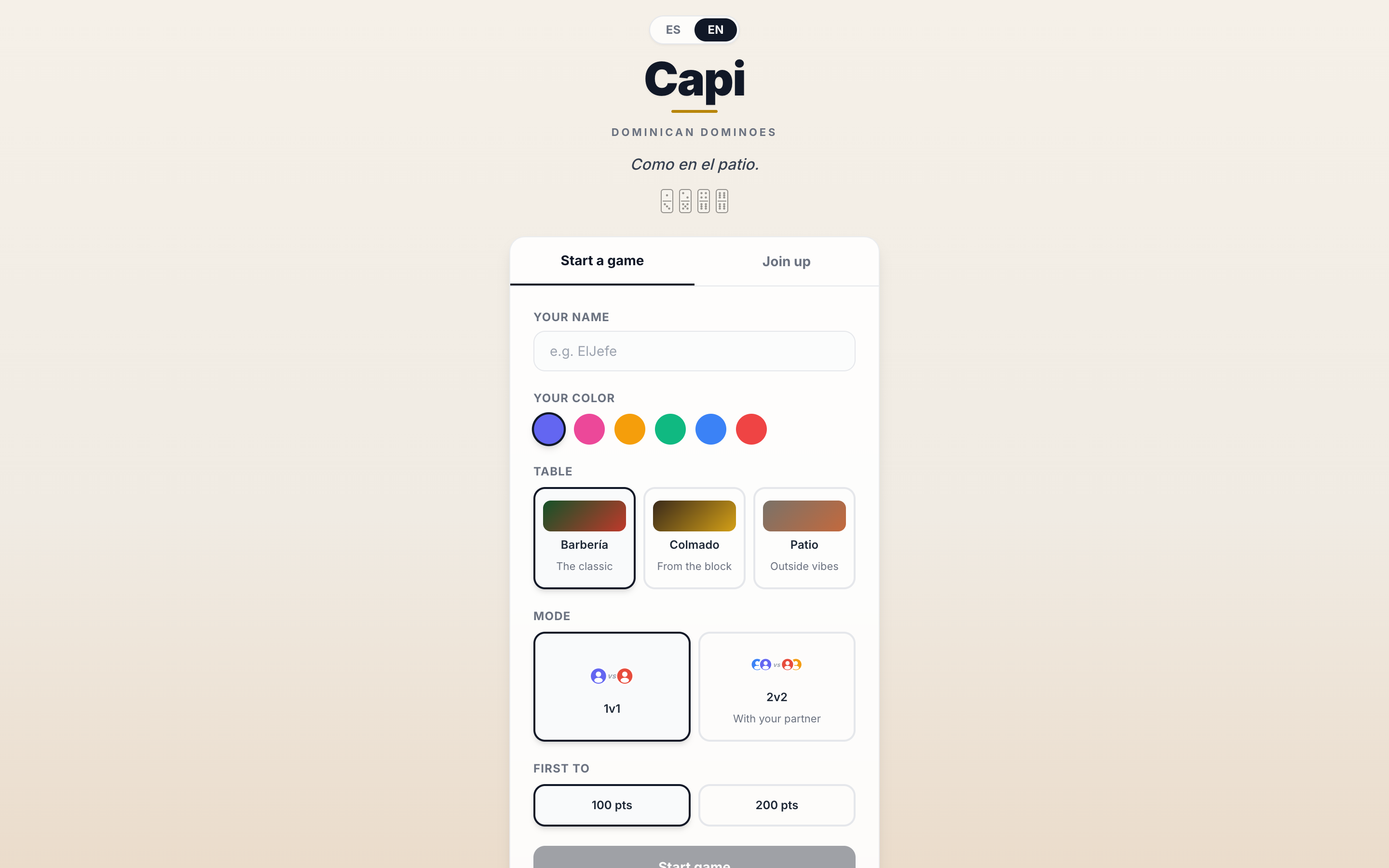 The Capi home page at playcapi.com: the form to start a game, with name, color, table, mode and points to win.
