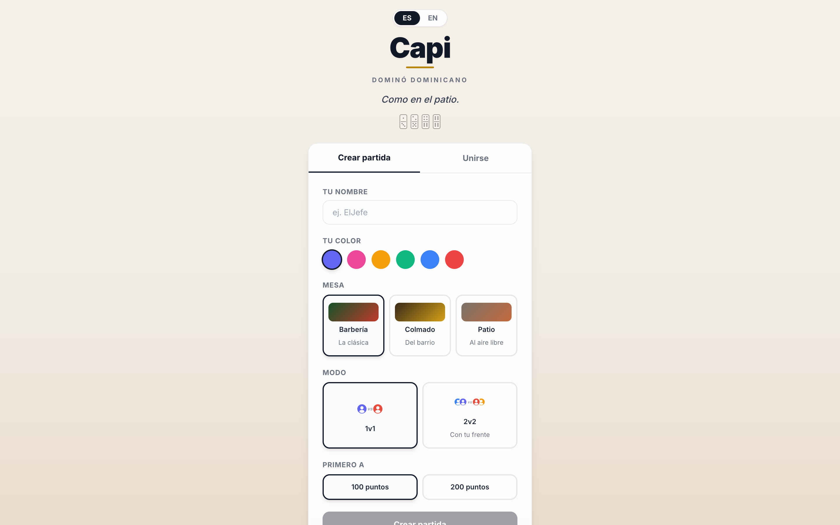 La página de inicio de Capi en playcapi.com: el formulario para crear una partida, con nombre, color, mesa, modo y puntos para ganar.