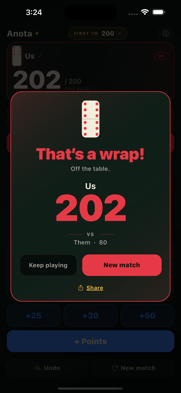 Anota winner screen at the end of a match, 202 to 80.